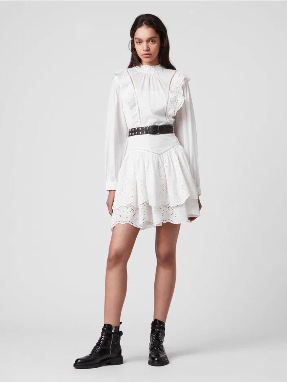 Allsaints Aislyn Broderie White Eyelet Ruffle Mini Dress